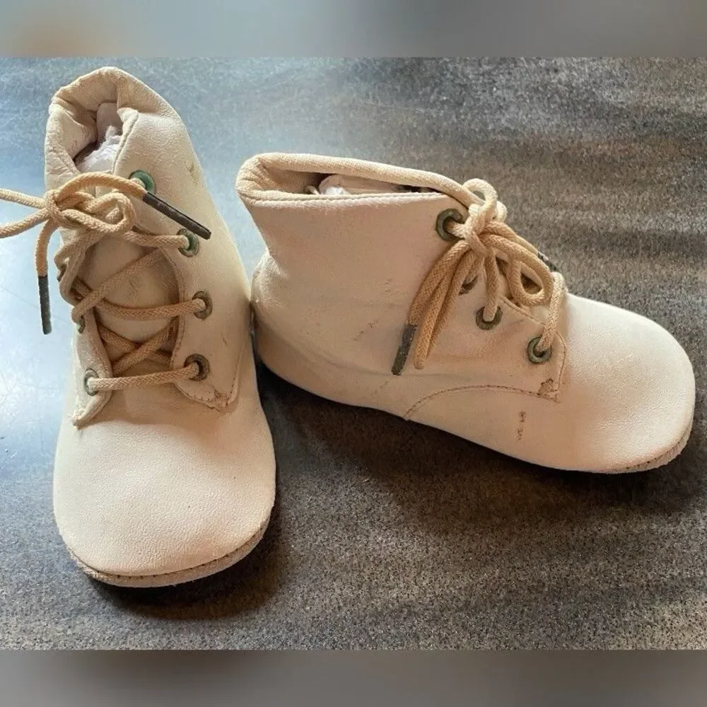 Antique Vintage Baby Girl Shoes White Leather Tie Up 4”
